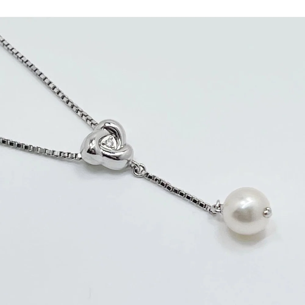 Tasaki Noevir Akoya Pearl & Diamond Lariat Pendant Necklace*Silver *15-16